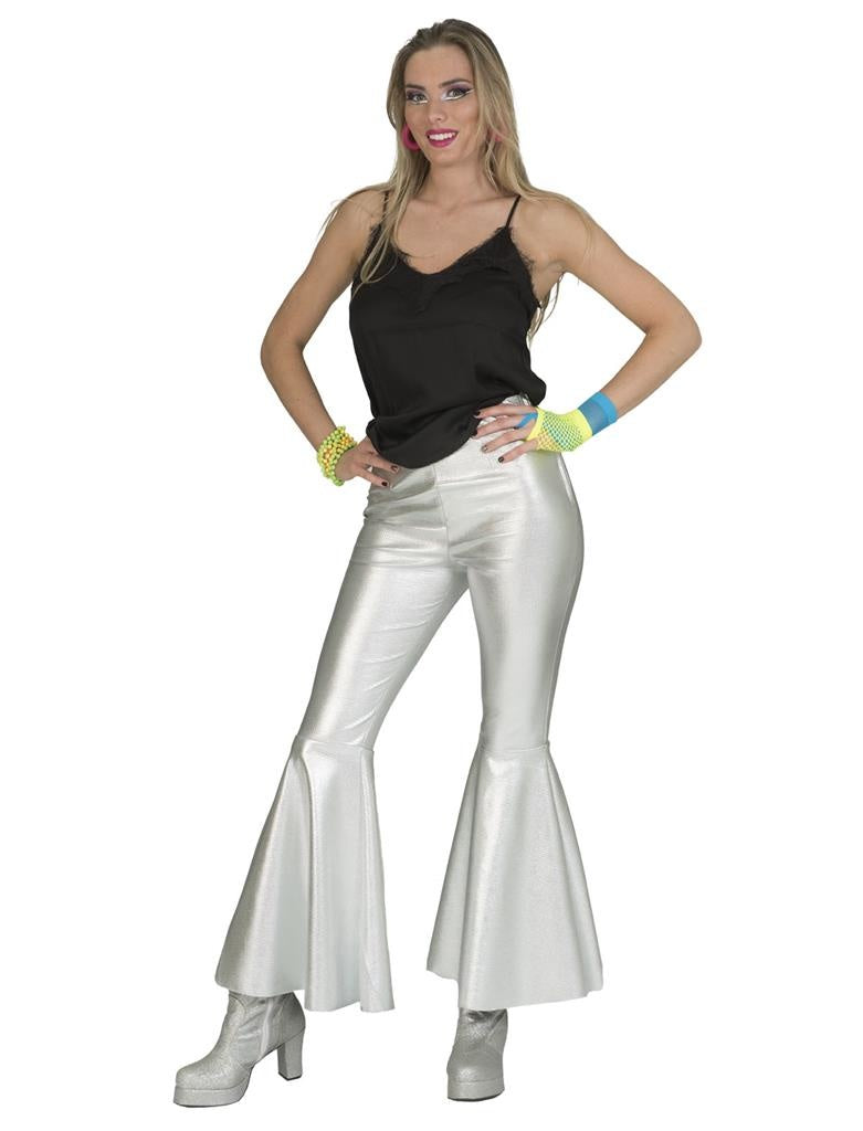 Funny Fashion - Glitter & Glamour Kostuum - Disco Fever Broek Glinsterend Zilver Vrouw - zilver - Maat 40-42 - Carnavalskleding - Verkleedkleding