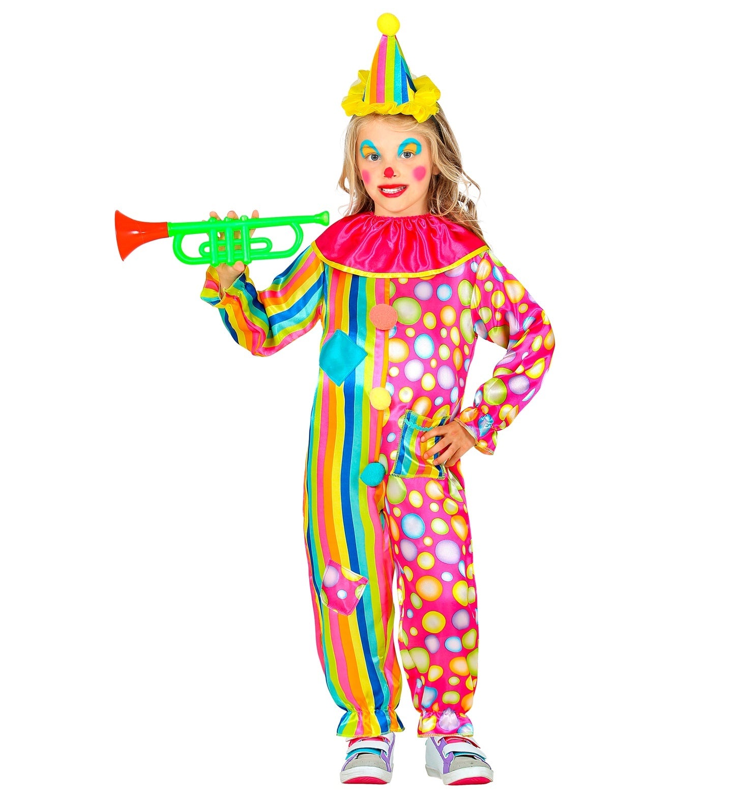 Widmann - Clown & Nar Kostuum - Zeer Vrolijke Regenboog Clown Kind Kostuum - roze - Maat 104 - Carnavalskleding - Verkleedkleding