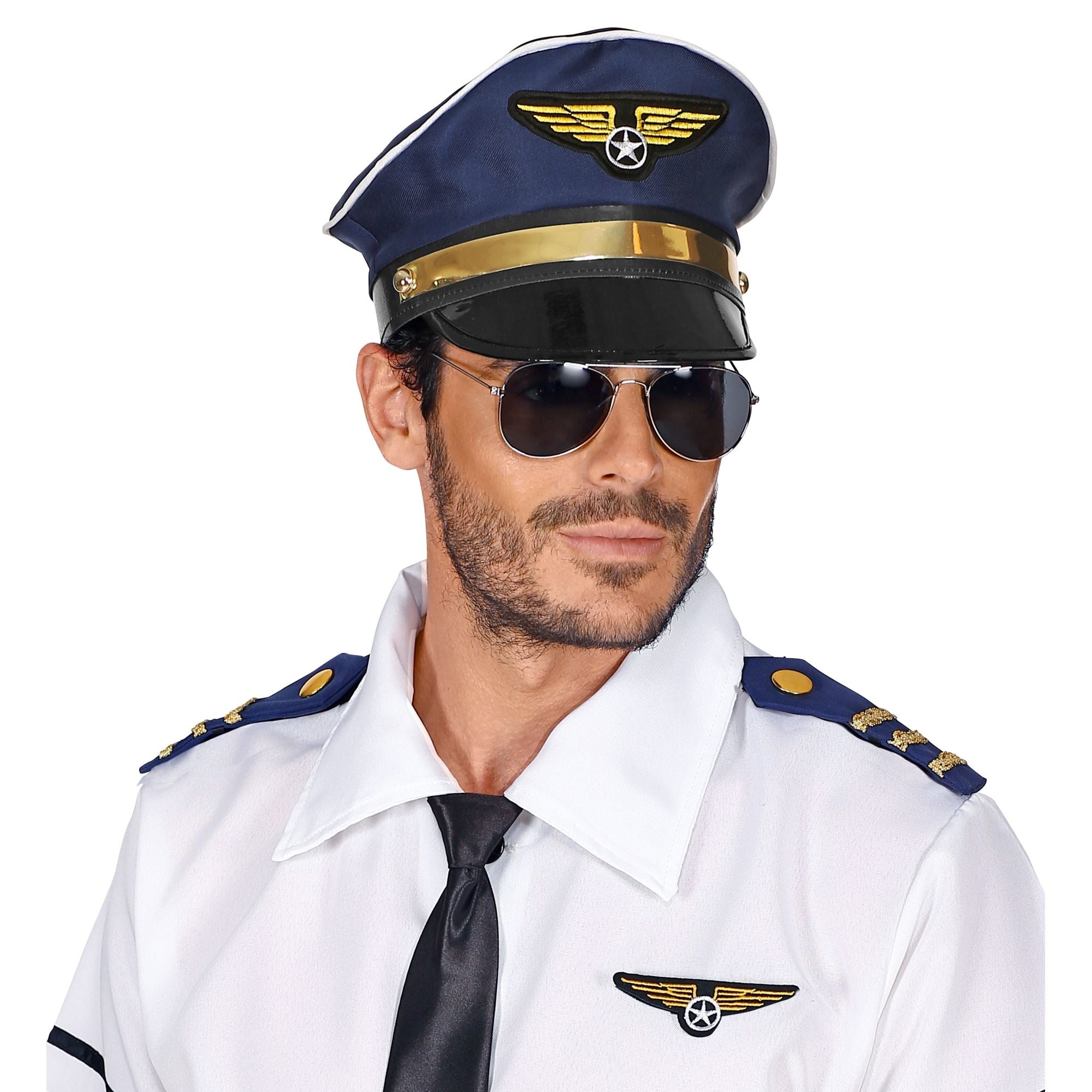 Widmann - Piloot & Luchtvaart Kostuum - Verstelbare Pilotenpet Golden Wings - blauw - Carnavalskleding - Verkleedkleding