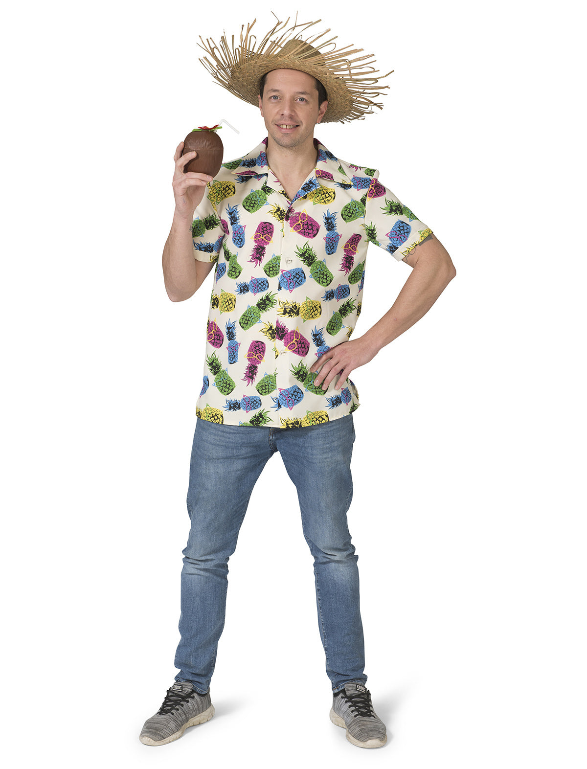 Funny Fashion - Natuur Groente & Fruit Kostuum - Tropisch Samba Costa Rica Ananas Shirt Man - wit / beige,multicolor - Maat 48-50 - Carnavalskleding - Verkleedkleding