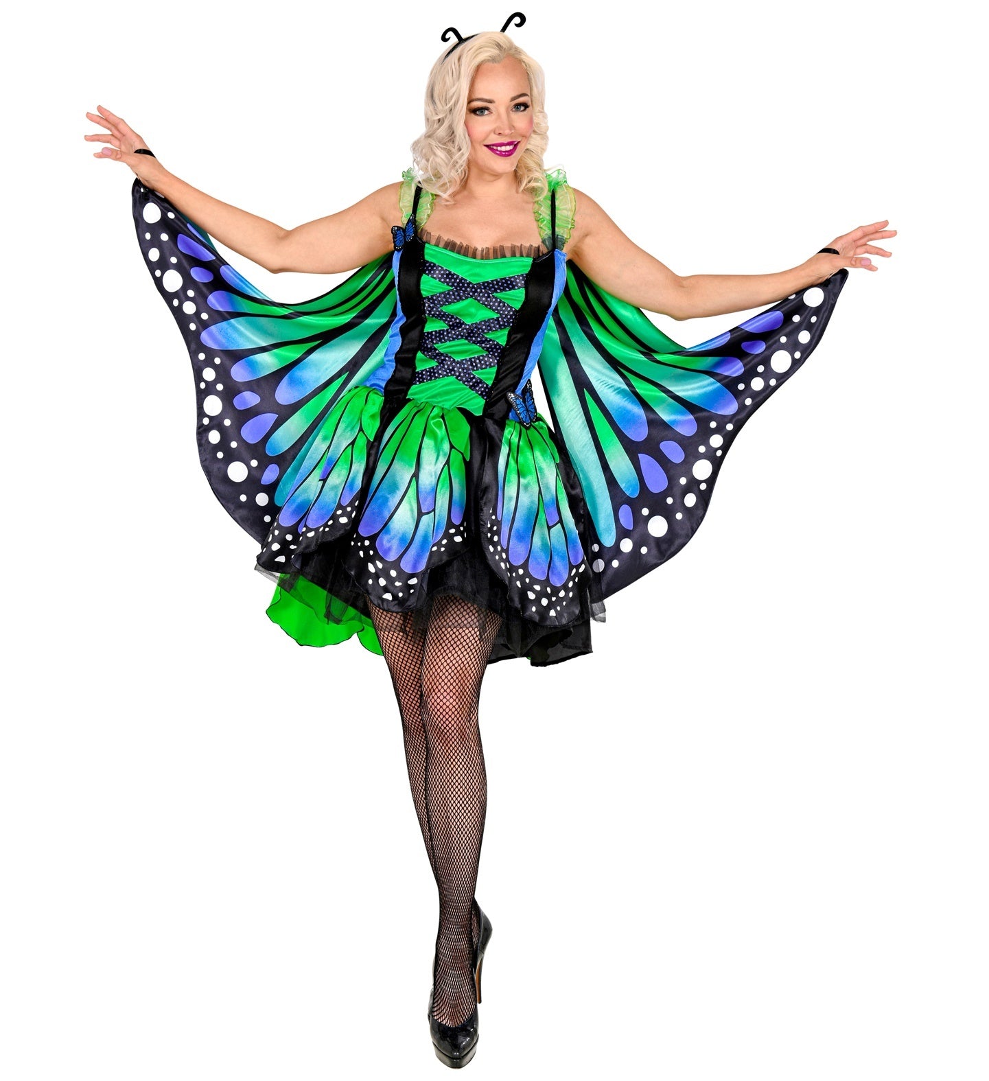 Widmann - Vlinder Kostuum - Sierlijke Fladder Vlinder Veronique - Vrouw - Blauw, Groen - Small - Carnavalskleding - Verkleedkleding