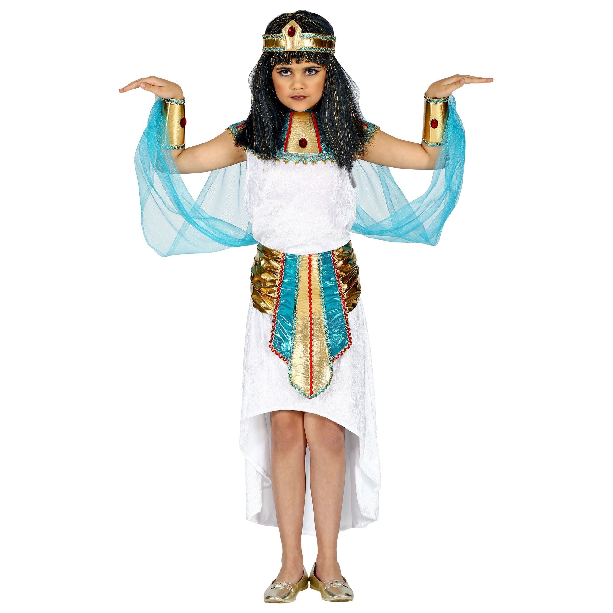 Widmann - Egypte Kostuum - Hatsjepsoet Egyptische Farao Koningin - Meisje - blauw,wit / beige,goud - Maat 158 - Carnavalskleding - Verkleedkleding