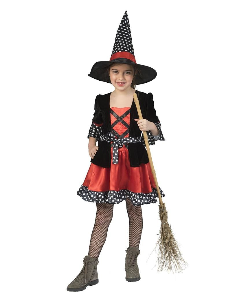 Funny Fashion - Heks & Spider Lady & Voodoo & Duistere Religie Kostuum - Heks Vol Stippen - Meisje - rood,zwart - Maat 116 - Halloween - Verkleedkleding