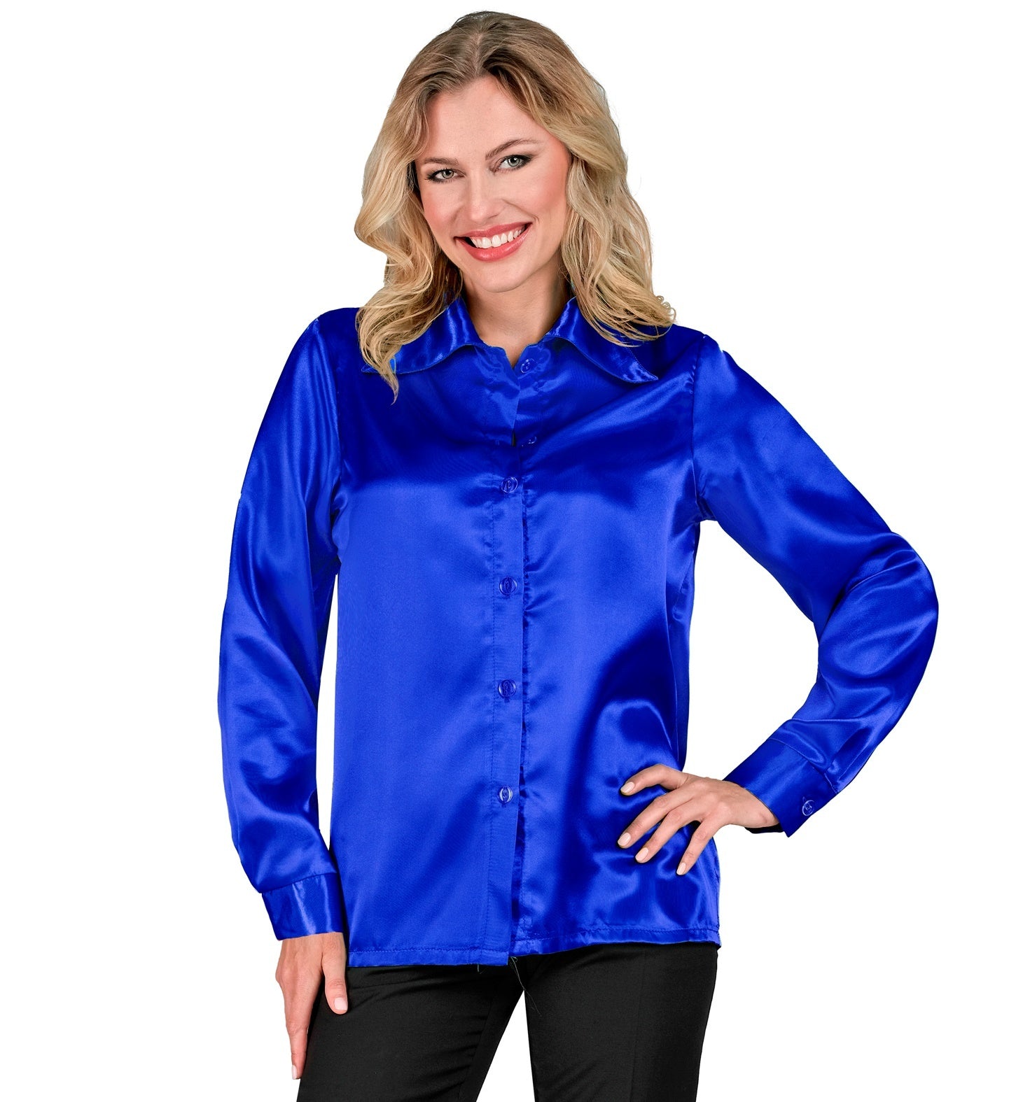 Satijnen dames jaren 70 disco blouse blauw