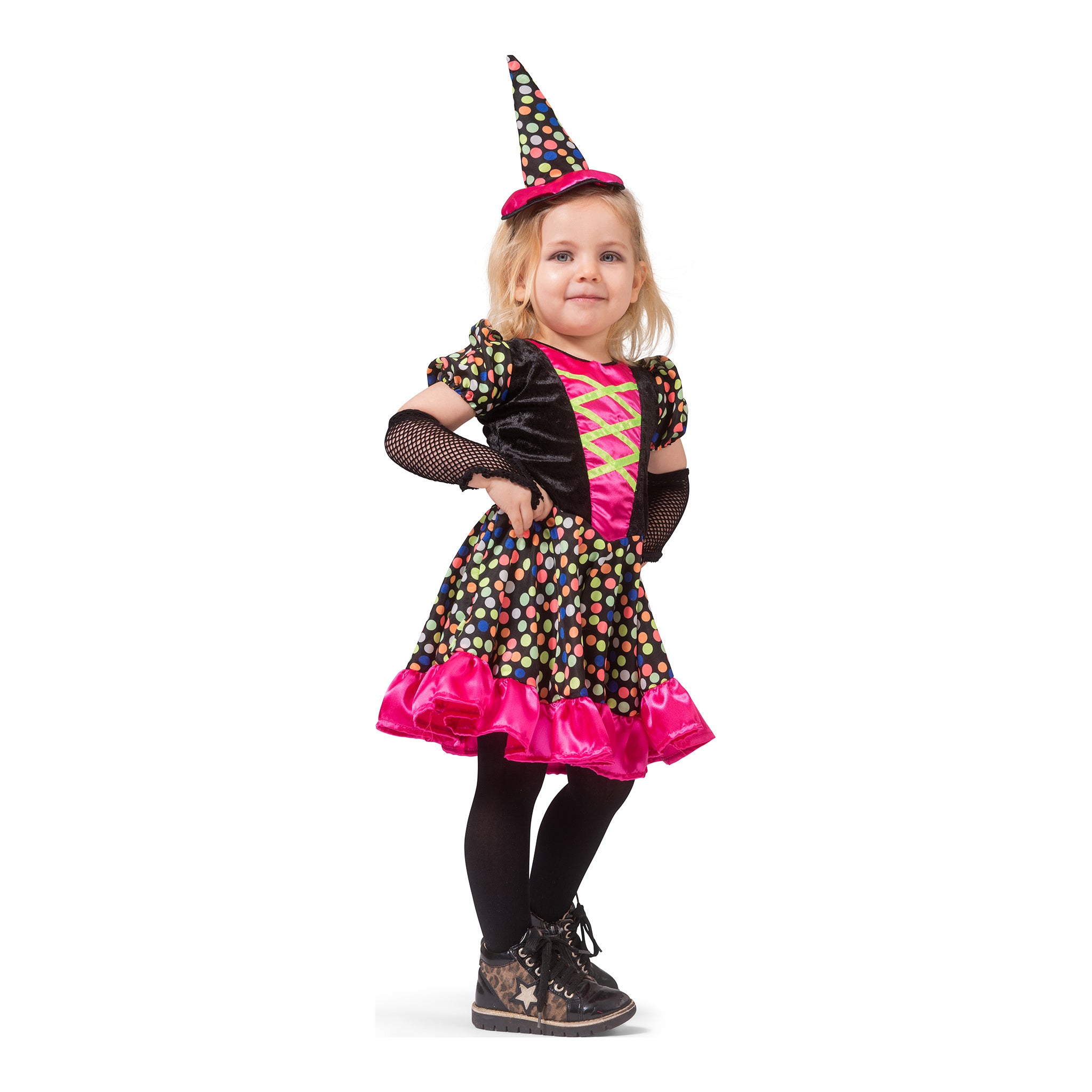 Funny Fashion - Heks & Spider Lady & Voodoo & Duistere Religie Kostuum - Betoverende Confetti Heks - Meisje - roze,zwart - Maat 86 - Halloween - Verkleedkleding