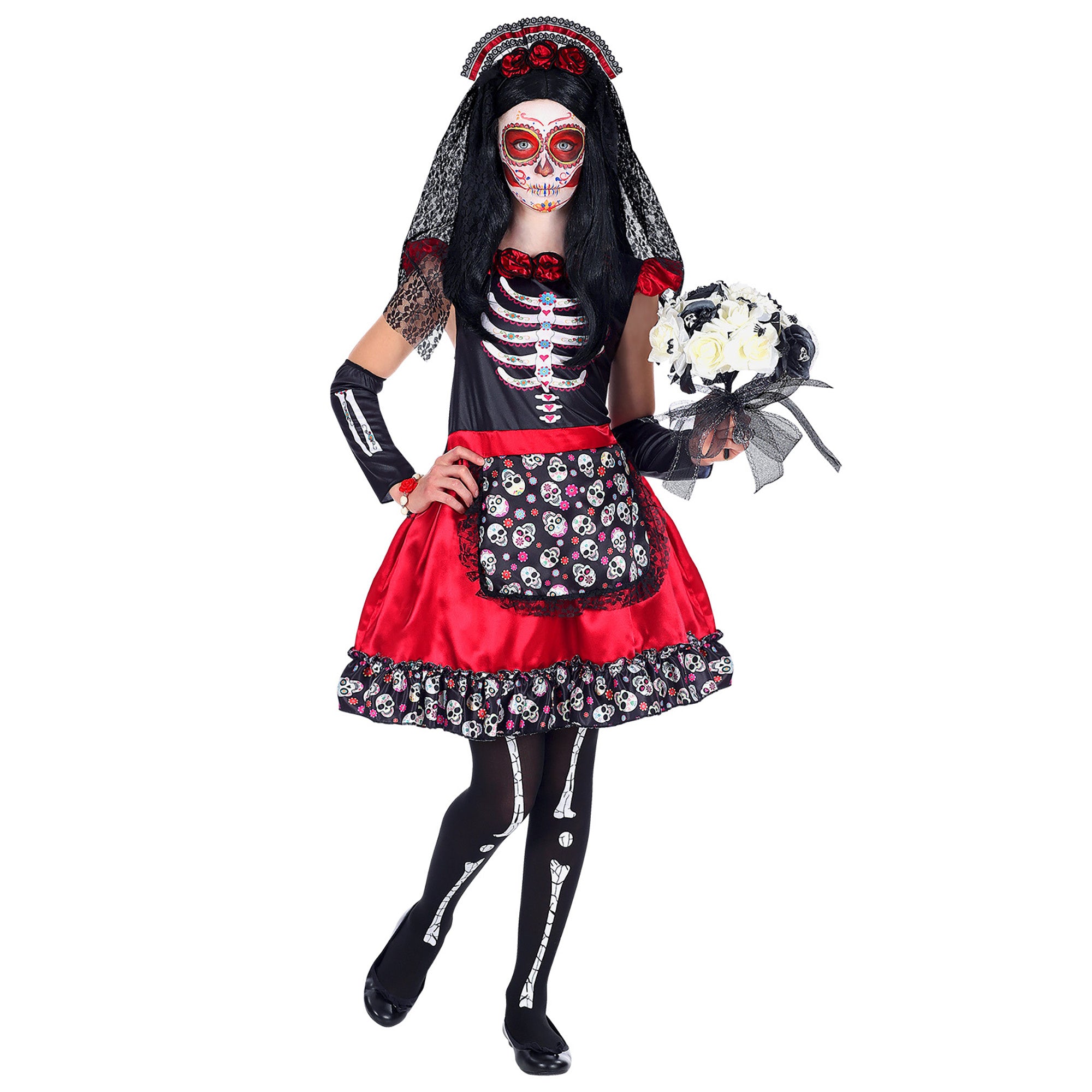 WIDMANN - Zwarte en rode Dia de los Muertos skelet outfit voor kinderen - 158 (11-13 jaar)