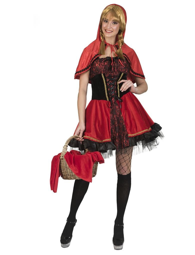 Funny Fashion - Roodkapje Kostuum - Onschuldig Roodkapje Op Weg Naar Grootmoeder - Vrouw - rood,zwart - Maat 44-46 - Carnavalskleding - Verkleedkleding