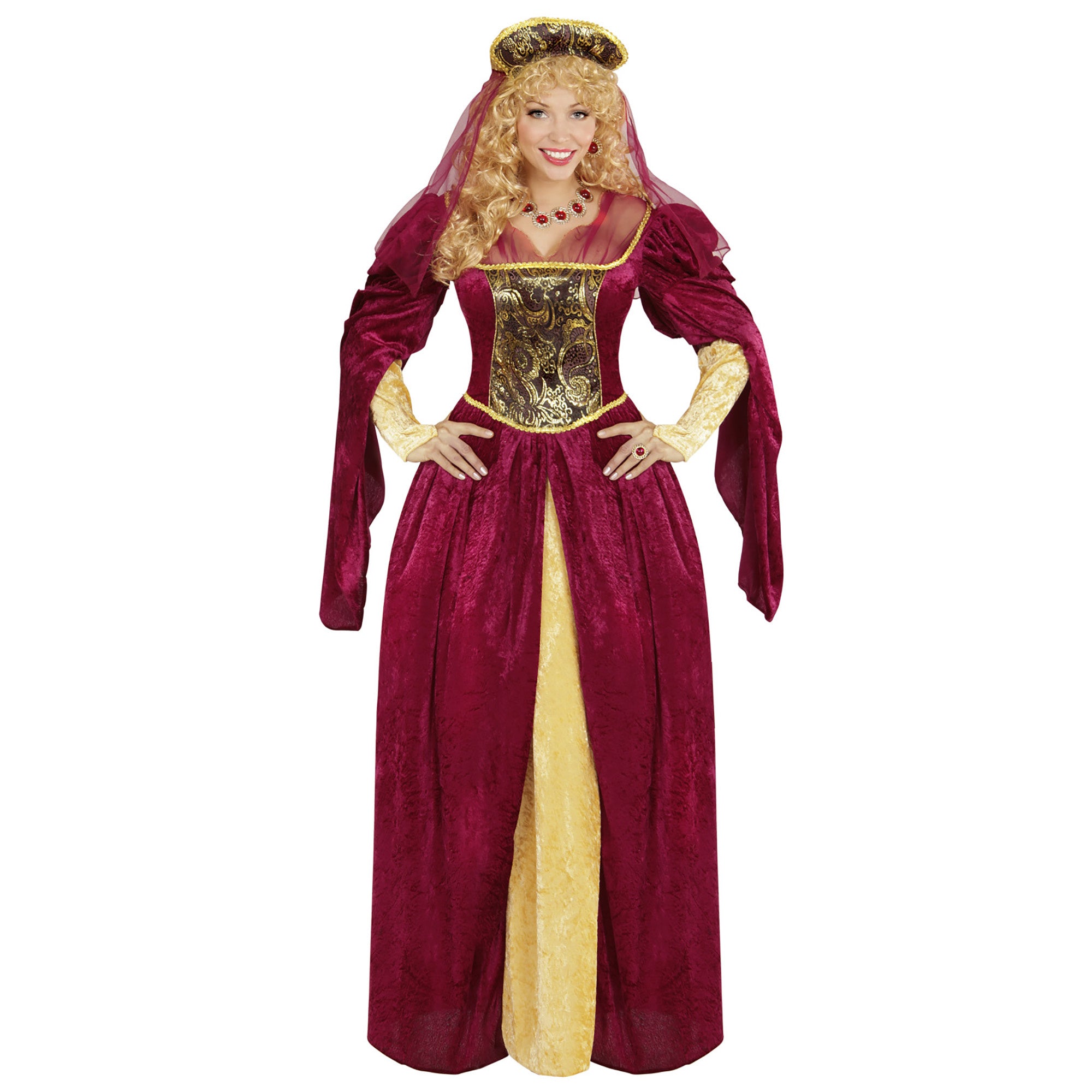 Widmann - Middeleeuwen & Renaissance Kostuum - Edele Koningin Eleonora - Vrouw - rood - XL - Carnavalskleding - Verkleedkleding