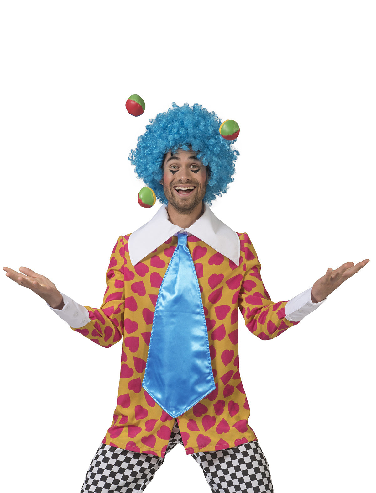 Funny Fashion - Clown & Nar Kostuum - Clown Van De Liefde Hartjes Hemd Met Dol Brede Das Man - blauw,geel,roze - Maat 52-54 - Carnavalskleding - Verkleedkleding