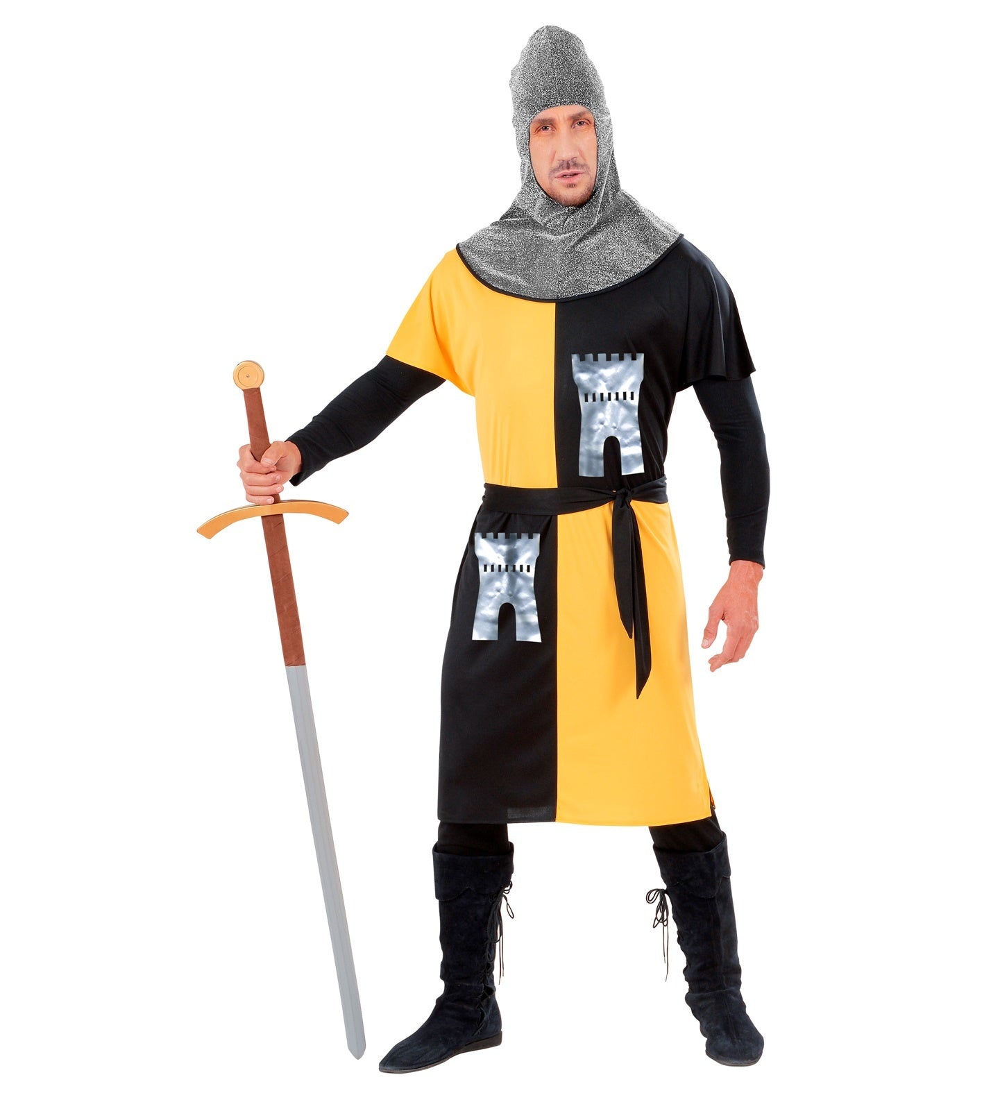 Widmann - Middeleeuwse & Renaissance Strijders Kostuum - Middeleeuwse Strijder Van Het Geelkasteel - Man - geel,zwart,zilver - Small - Carnavalskleding - Verkleedkleding