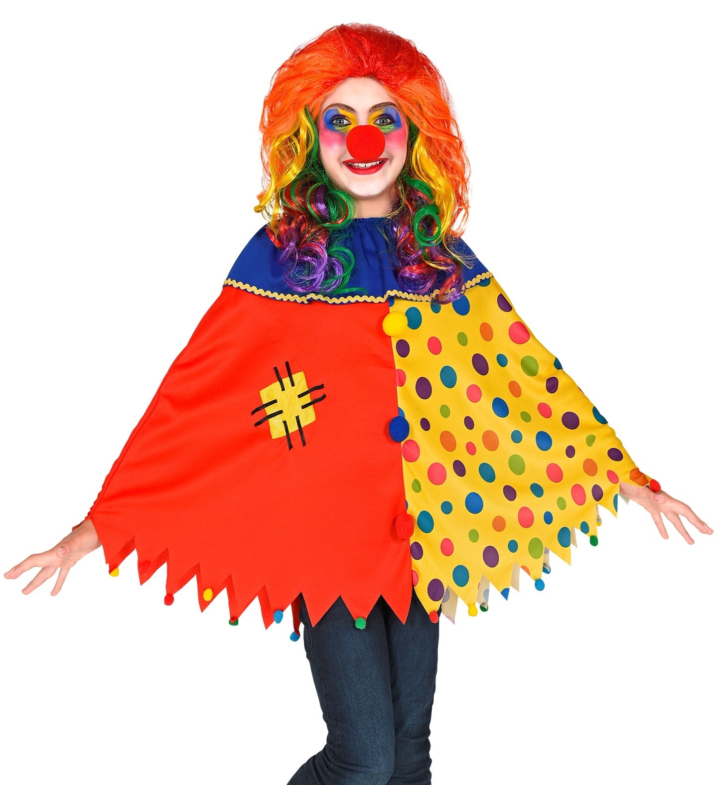 Widmann - Clown & Nar Kostuum - Grappige Clown Pollie Poncho Kind - rood,geel - One Size - Carnavalskleding - Verkleedkleding