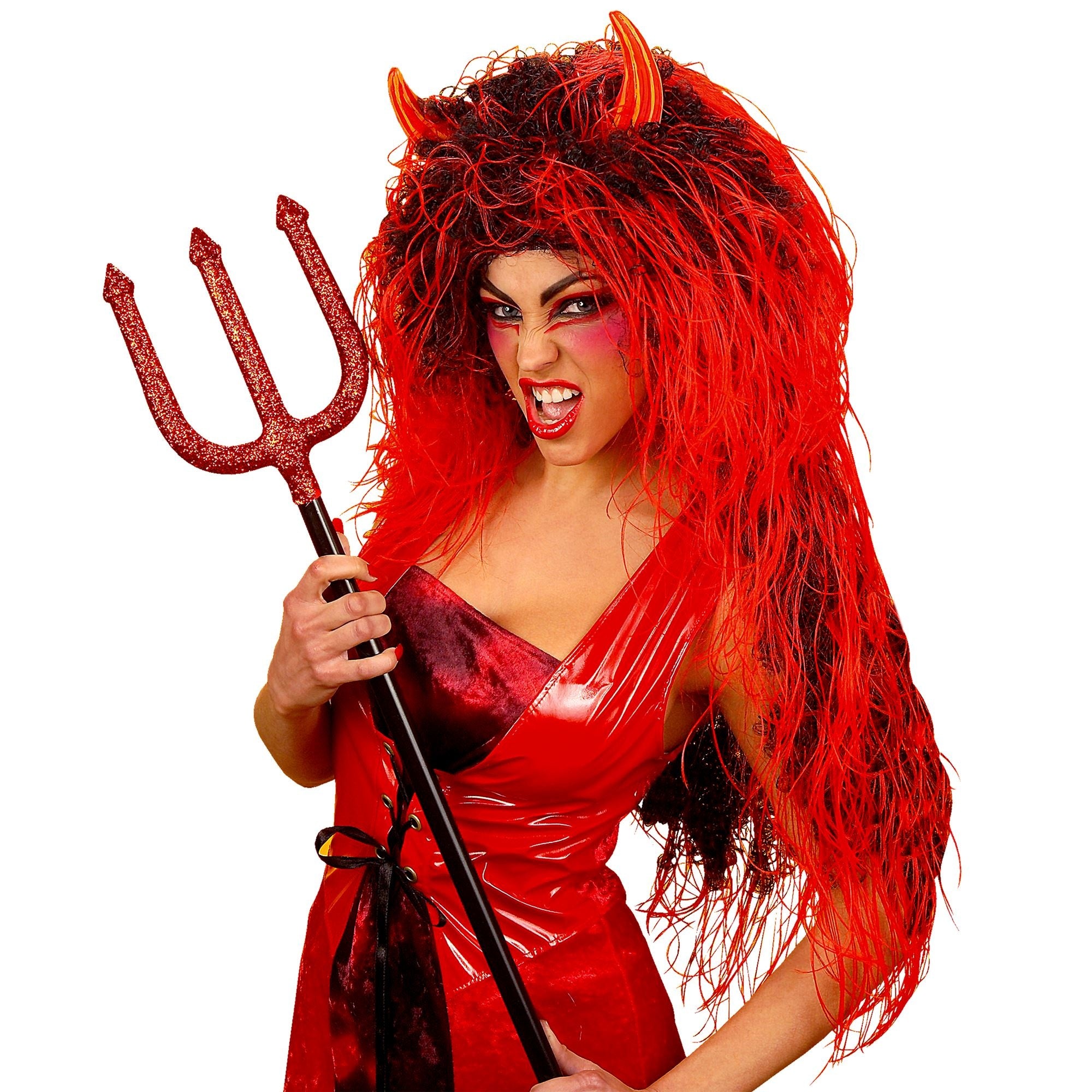 Widmann - Duivel Kostuum - Pruik, Duivel Extra Lang - rood - Halloween - Verkleedkleding