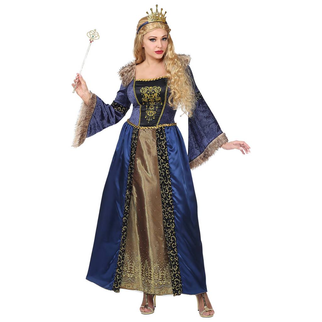 Widmann - Koning Prins & Adel Kostuum - Blauwe Gouden Middeleeuwse Koningin Gabriella Von Dantzig - Vrouw - blauw,goud - Small - Carnavalskleding - Verkleedkleding
