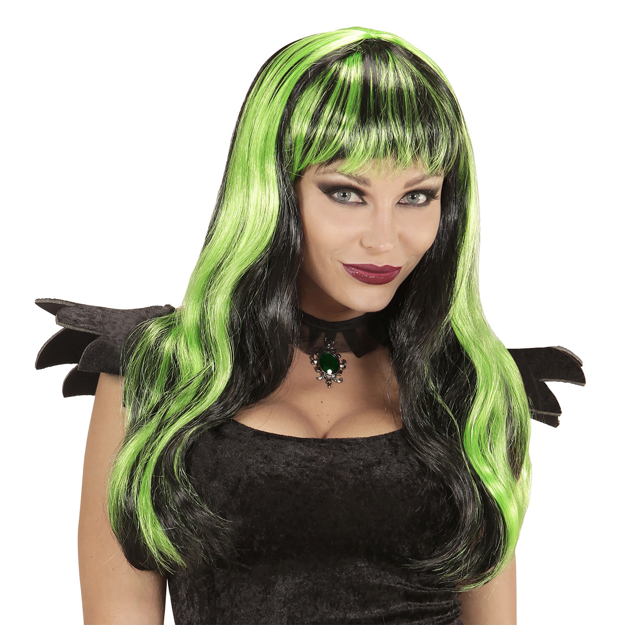 Widmann - Heks & Spider Lady & Voodoo & Duistere Religie Kostuum - Lange Pruik, Halloween Zwart / Groen - groen - Halloween - Verkleedkleding