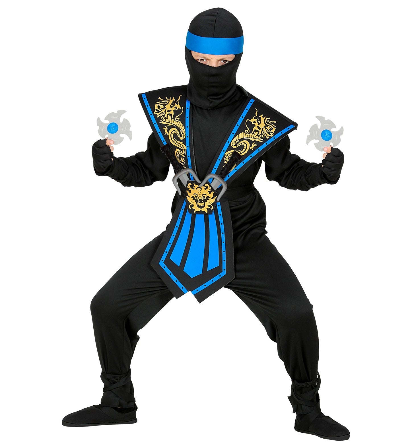 Widmann - Ninja & Samurai Kostuum - Meedogenloze Draken Ninja Met Wapens Kind Blauw - Jongen - blauw,zwart - Maat 140 - Carnavalskleding - Verkleedkleding