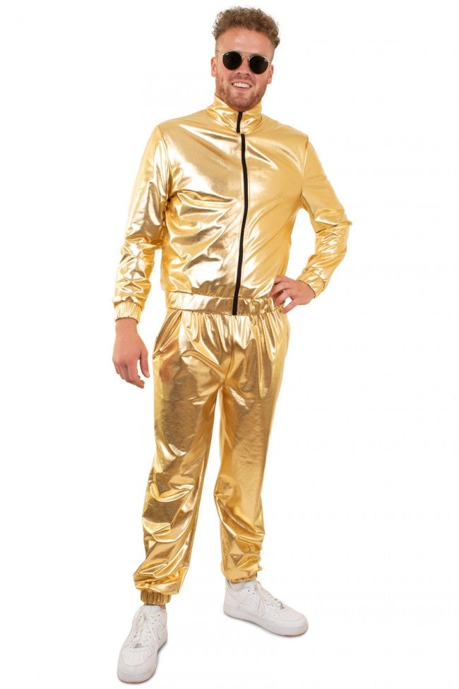 PartyXplosion - Glitter & Glamour Kostuum - Gouden Metallic Retro Trainingspak Proud To Be Goud Heren - Man - goud - XL - Carnavalskleding - Verkleedkleding - Carnaval kostuum here