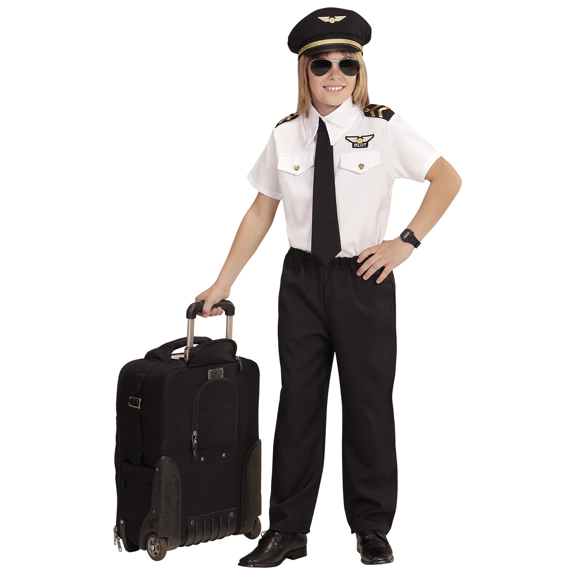 Widmann - Piloot & Luchtvaart Kostuum - Piloten Transatlantisch - Jongen - zwart - Maat 140 - Carnavalskleding - Verkleedkleding