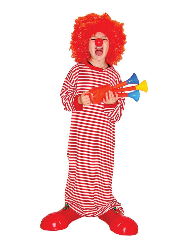Funny Fashion - Clown & Nar Kostuum - Lekker Lang Gestreept Shirt Clown Kind Kostuum - rood,wit / beige - Maat 140 - Carnavalskleding - Verkleedkleding