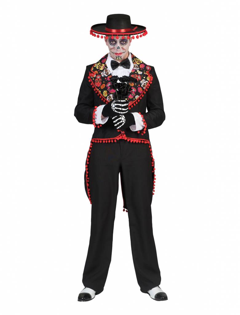 Funny Fashion - Spaans & Mexicaans Kostuum - Muerto Manuel Kostuum - zwart - Maat 60-62 - Halloween - Verkleedkleding