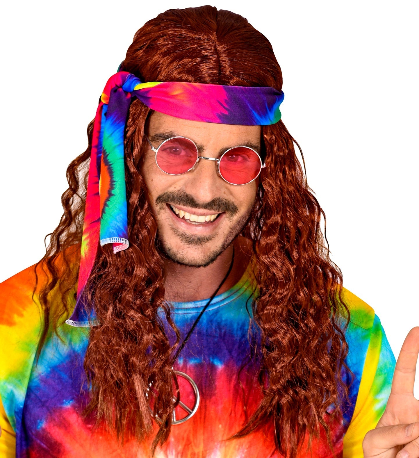 Pruik, Hippie met tie-dye hoofdband - bruin | One Size
