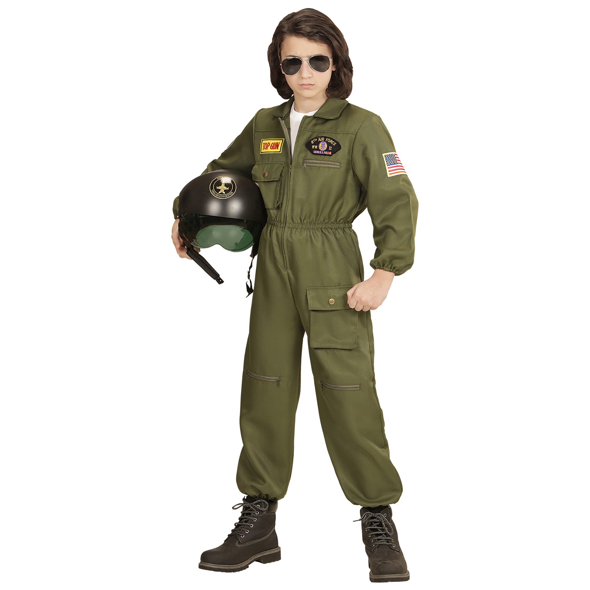Widmann - Leger & Oorlog Kostuum - Gevechtspiloot Cruising Altitude - Jongen - groen - Maat 128 - Carnavalskleding - Verkleedkleding