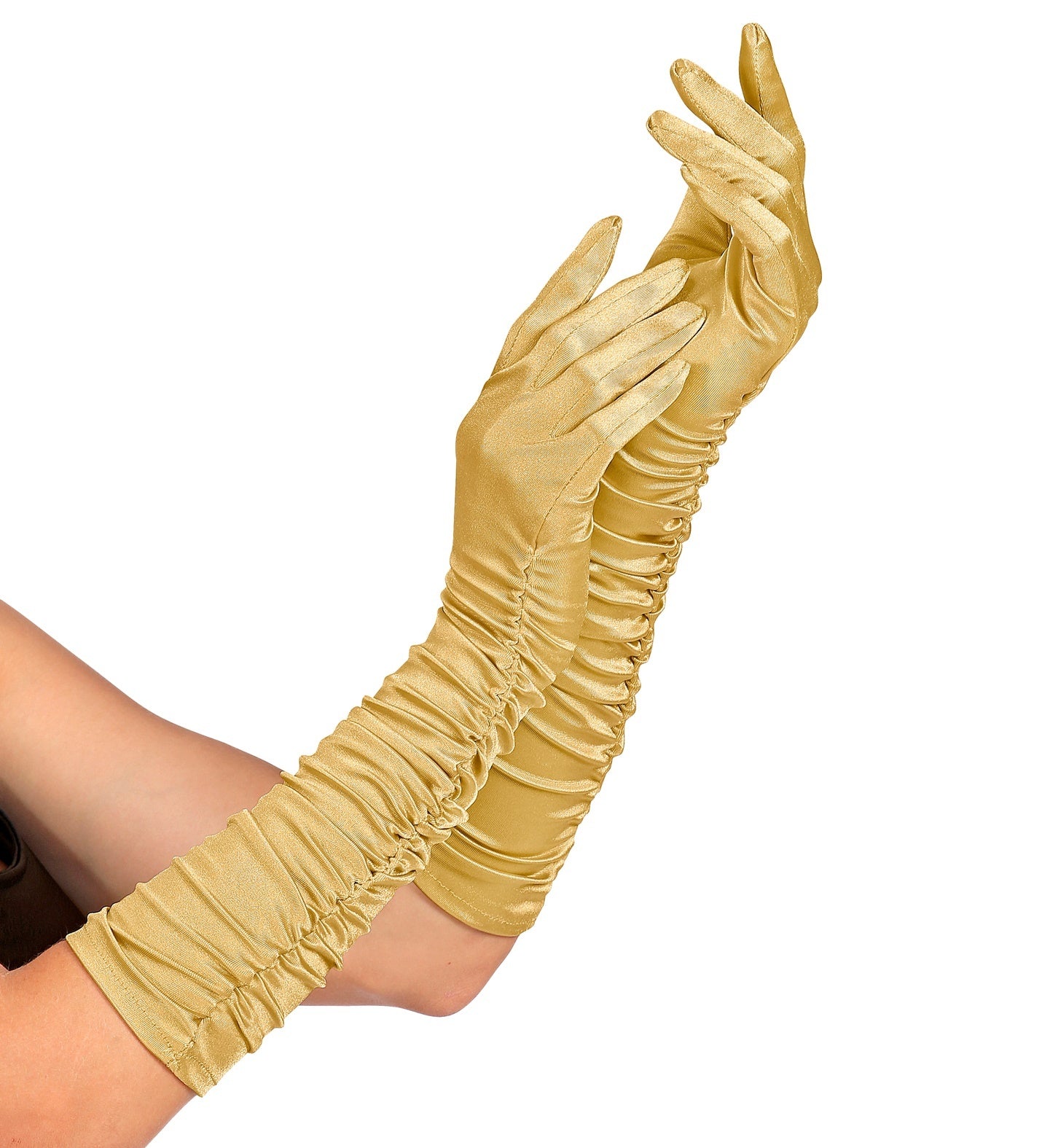 Satijnen Plissé handschoenen goud 44 cm