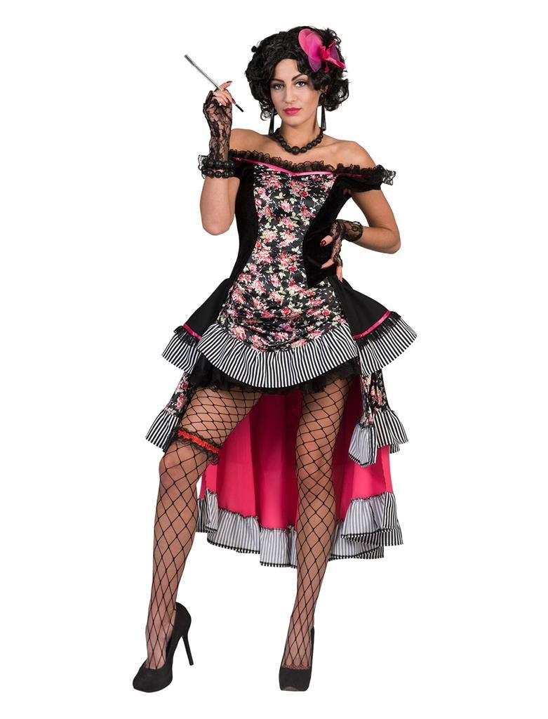 Funny Fashion - Jaren 20 Danseressen Kostuum - Twee Vingers Bourbon Saloon - Vrouw - roze,zwart - Maat 44-46 - Carnavalskleding - Verkleedkleding