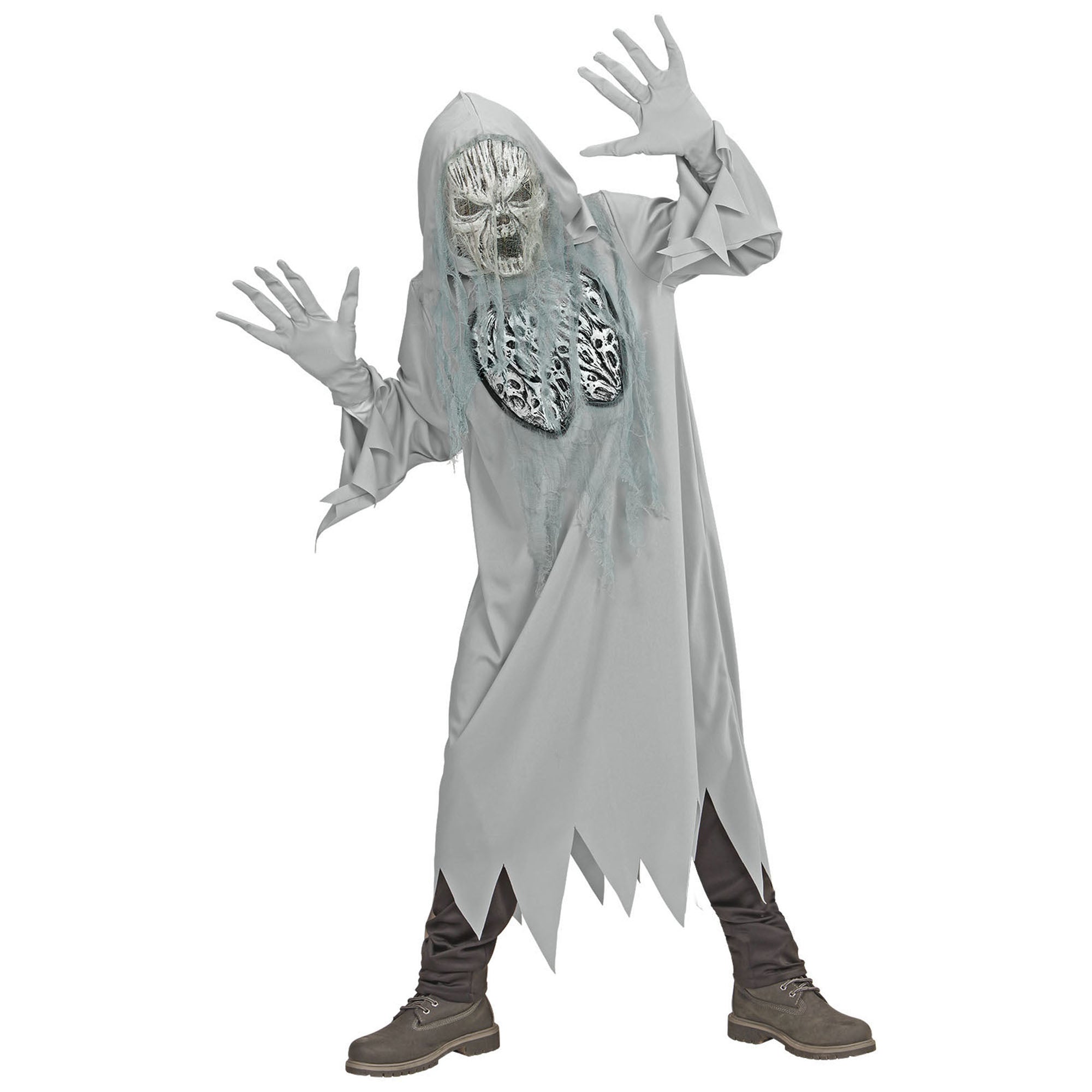 Widmann - Spook & Skelet Kostuum - Schreeuwende Geest Silencio - Jongen - wit / beige,grijs - Maat 158 - Carnavalskleding - Verkleedkleding