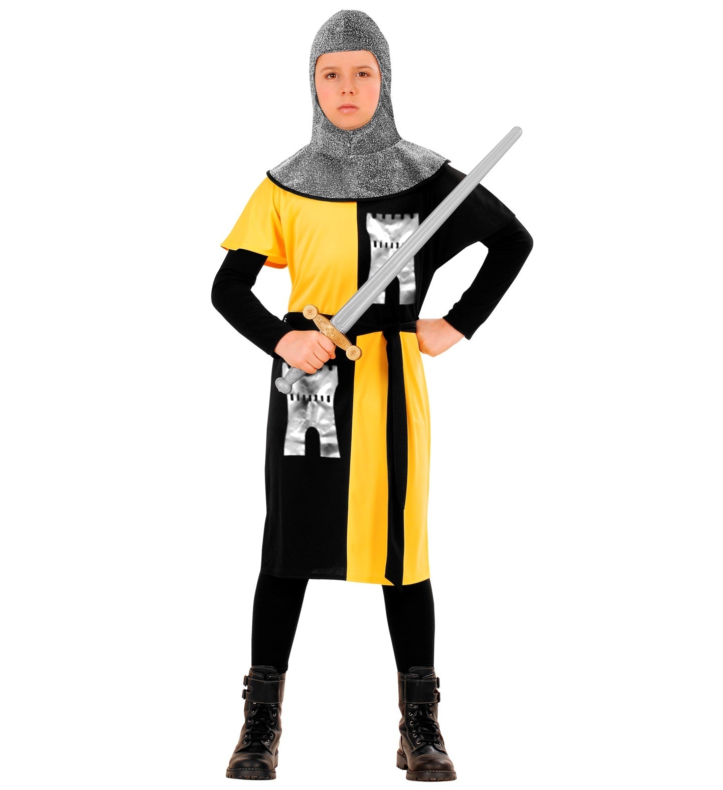 Widmann - Middeleeuwse & Renaissance Strijders Kostuum - Jonge Middeleeuwse Ridder Van Het Geelkasteel - Jongen - geel,zwart,zilver - Maat 128 - Carnavalskleding - Verkleedkleding