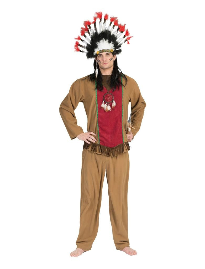 Funny Fashion - Indiaan Kostuum - Opperhoofd Indiaan Agutha - Man - bruin - Maat 48-50 - Carnavalskleding - Verkleedkleding