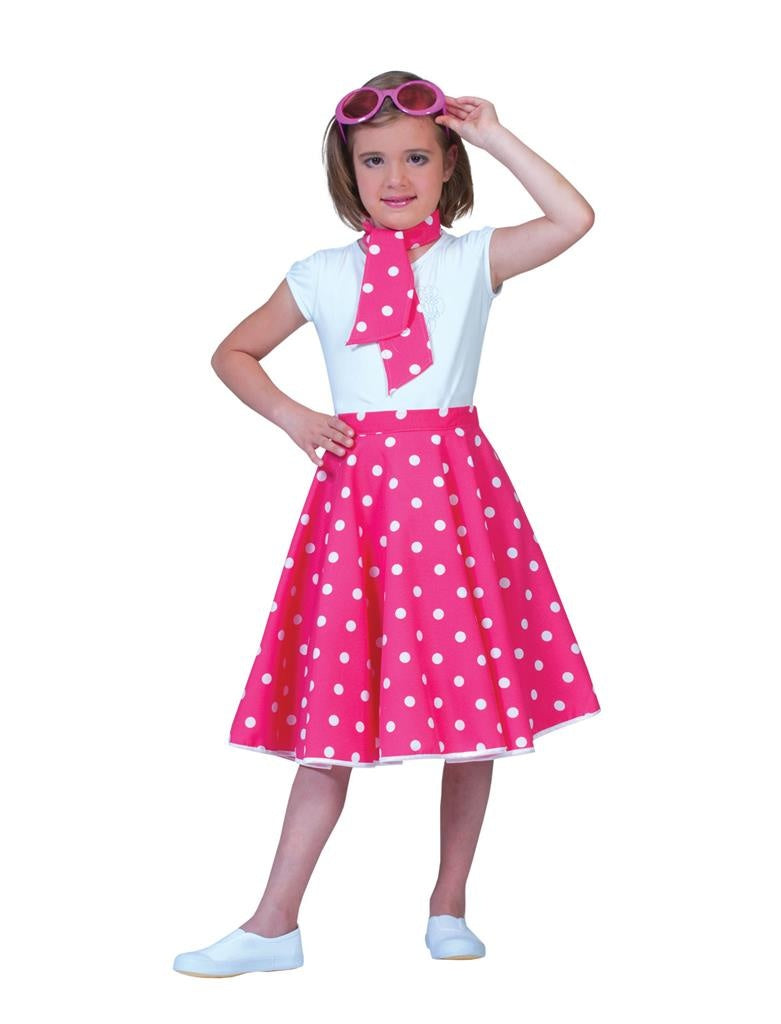 Funny Fashion - Rock & Roll Kostuum - Roze Fifties Rok Met Witte Stippen Voor Meisjes - roze - One Size - Carnavalskleding - Verkleedkleding