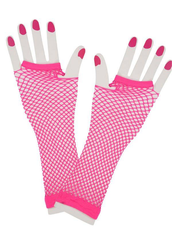 Mooie lange vingerloze net- handschoenen in de kleur neon roze