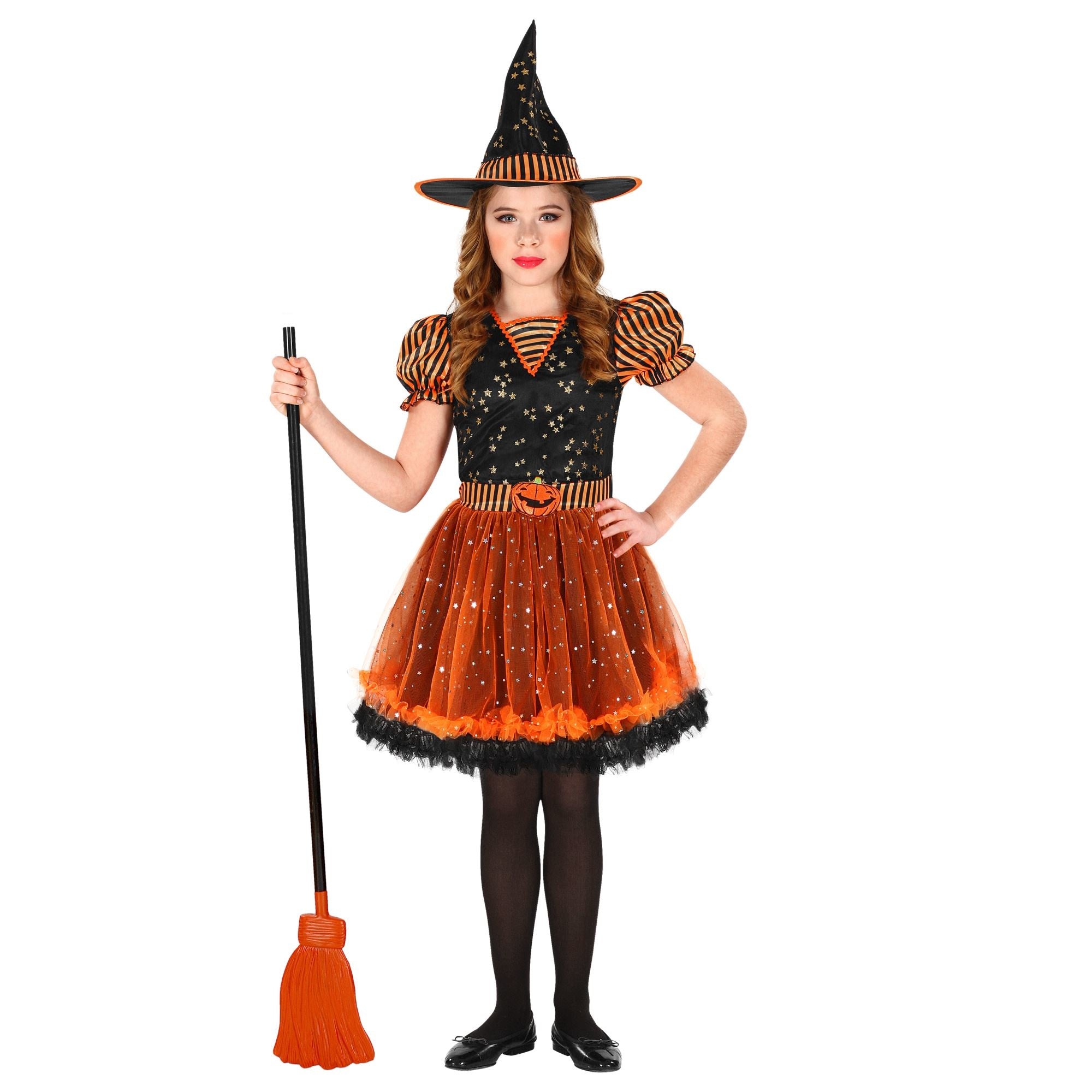 Widmann - Heks & Spider Lady & Voodoo & Duistere Religie Kostuum - Laag Vliegende Heks Halloween - Meisje - oranje,zwart - Maat 104 - Halloween - Verkleedkleding