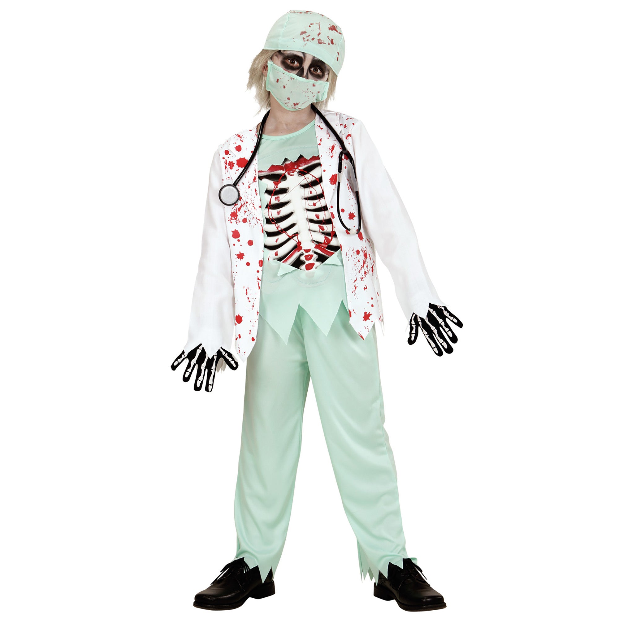Widmann - Zombie Kostuum - Skelet Zombie Dokter - Jongen - groen,wit / beige - Maat 140 - Halloween - Verkleedkleding