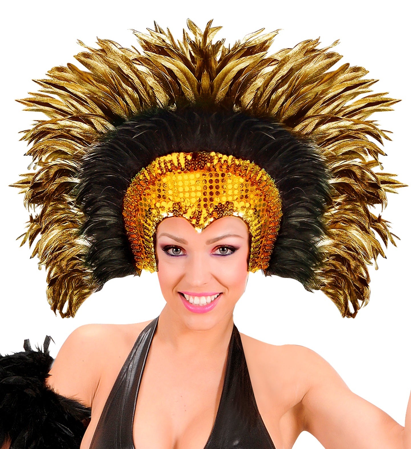 Widmann - Brazilie & Samba Kostuum - Hoofdbedekking Met Glitters En Veren Samba Goud - goud - Halloween - Verkleedkleding