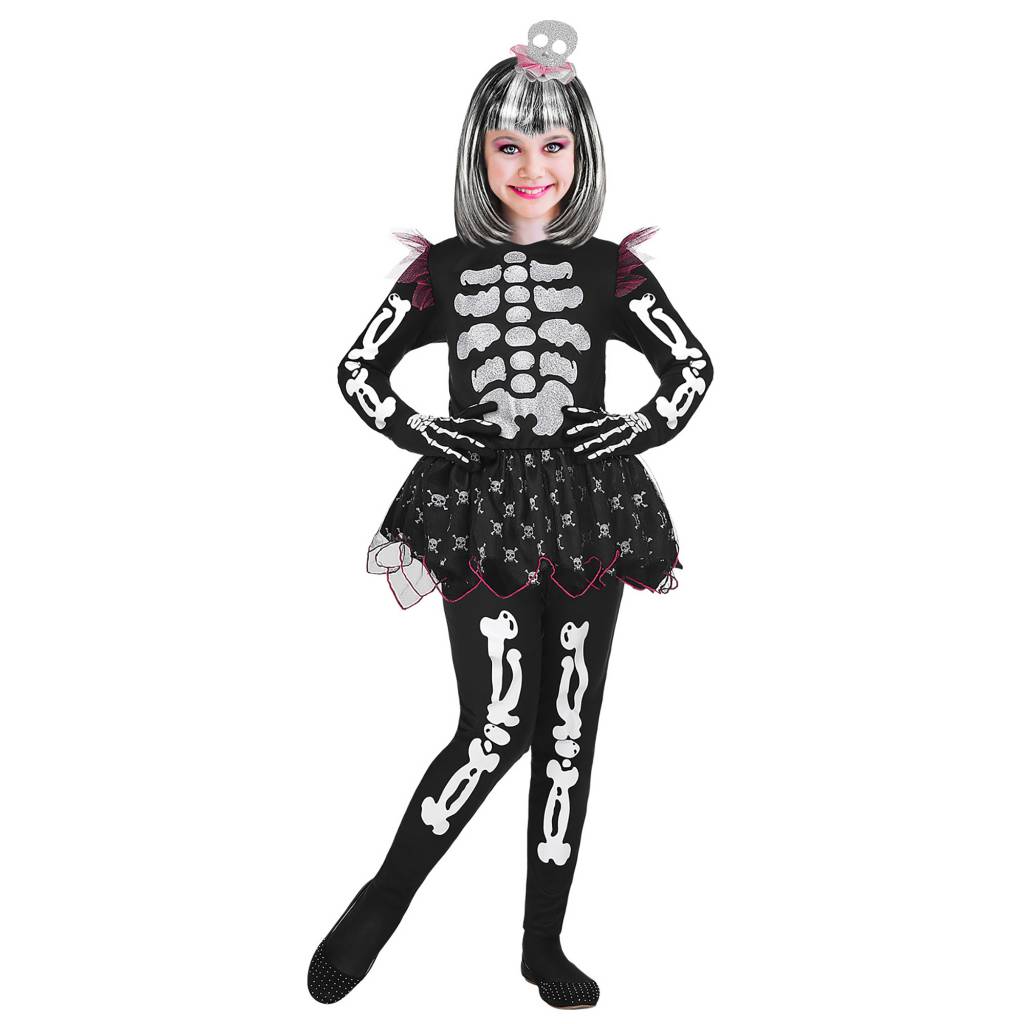 Widmann - Spook & Skelet Kostuum - Skelet In Een Tutu - Meisje - zwart - Maat 140 - Halloween - Verkleedkleding