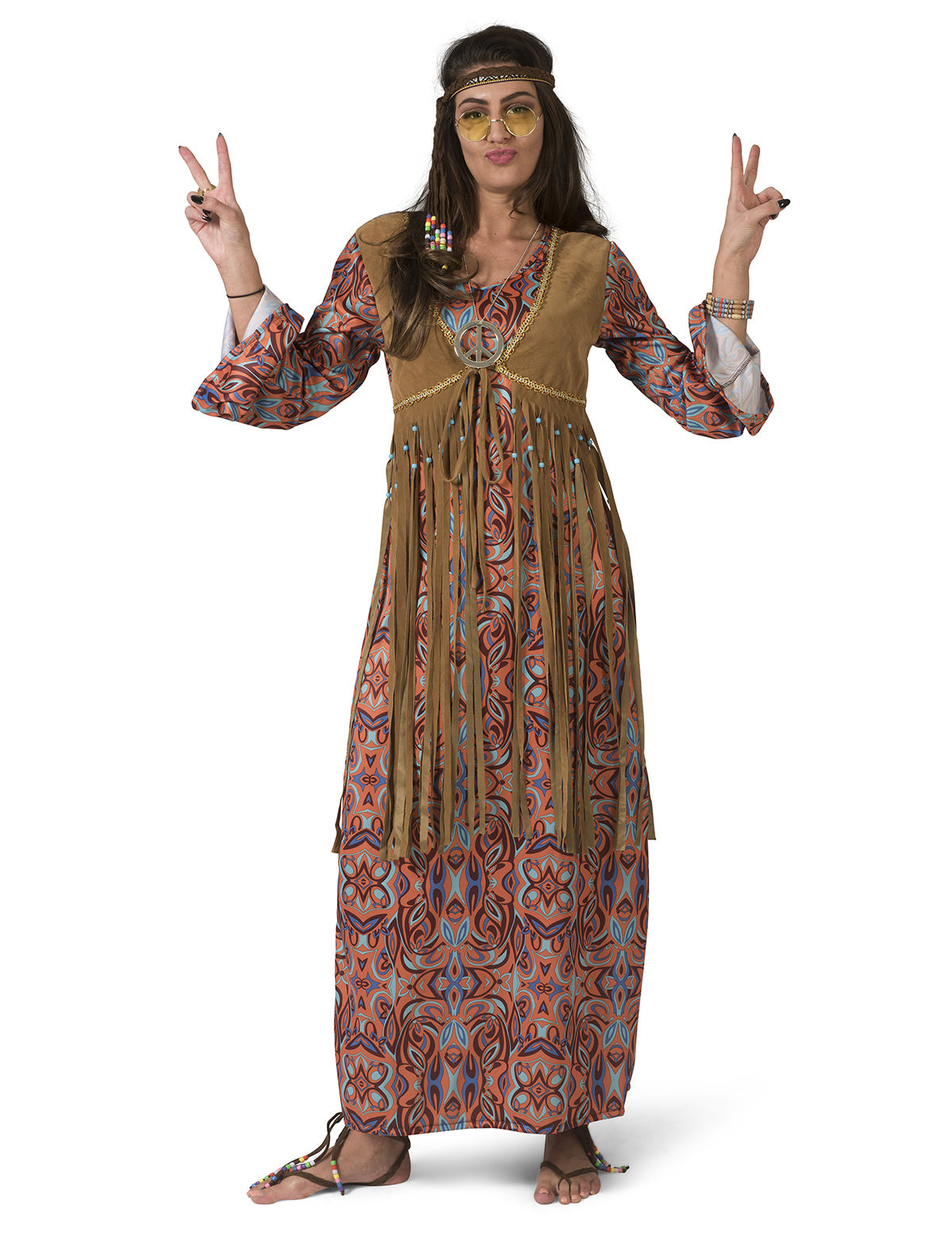 Funny Fashion - Hippie Kostuum - Lange Hippie Happening Jaren 60 - Vrouw - roze - Maat 48-50 - Carnavalskleding - Verkleedkleding