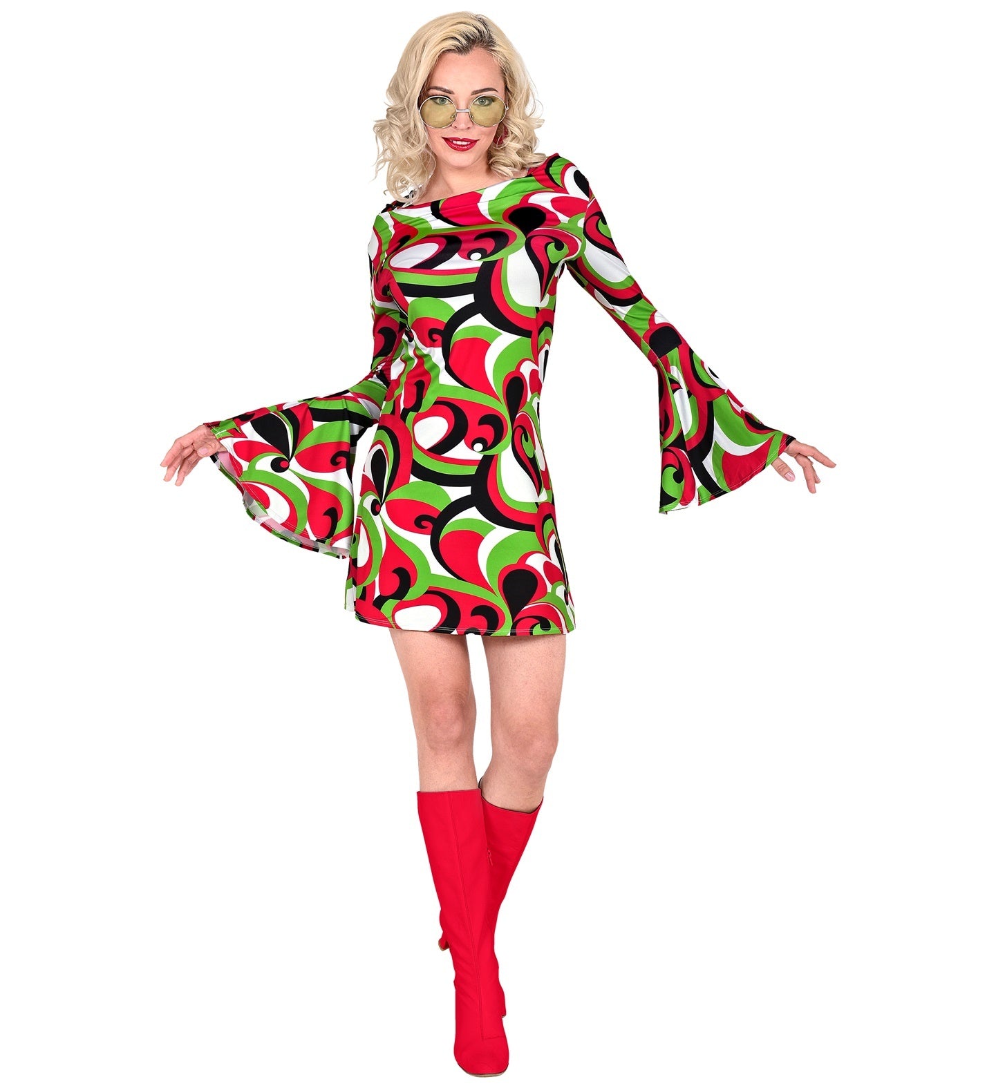 Widmann - Hippie Kostuum - Miss Seventies Jurk Vrouw - rood,groen - Small - Carnavalskleding - Verkleedkleding