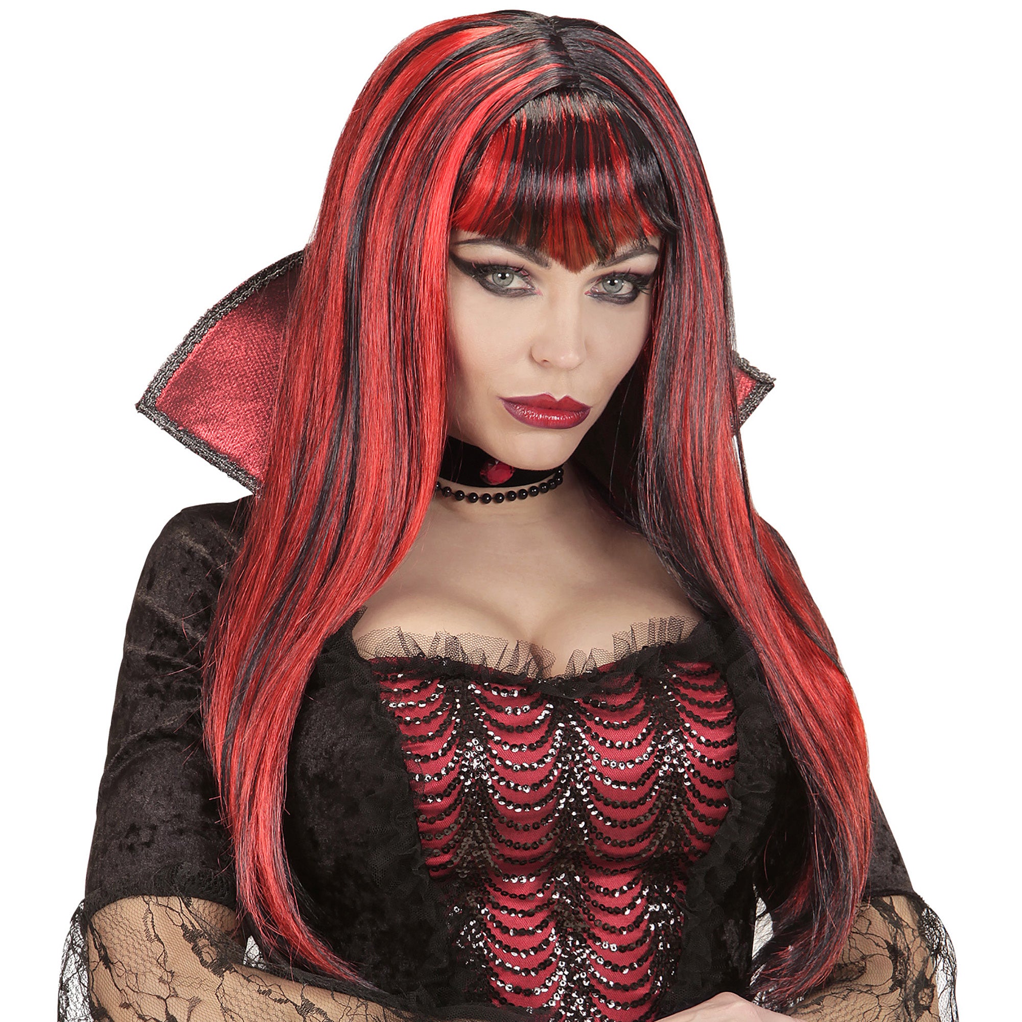 Widmann - Vampier & Dracula Kostuum - Pruik Vampiria La Bruja - zwart - Halloween - Verkleedkleding