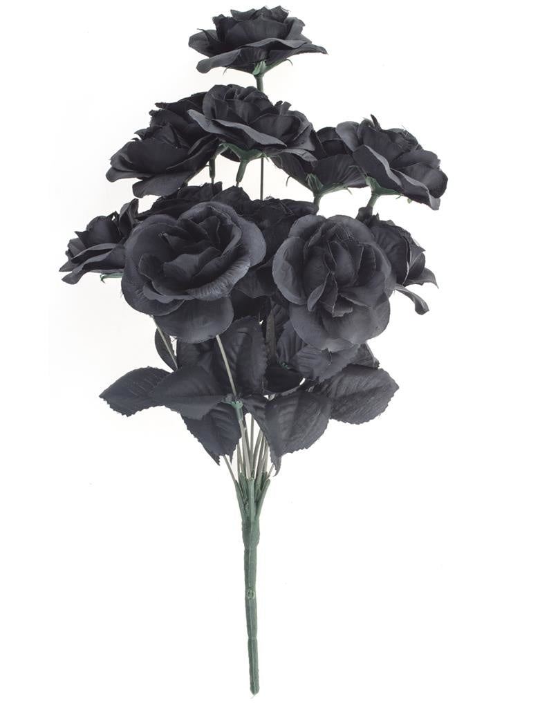 Halloween Bosje met 6 zwarte rozen halloween decoratie 37 cm - Verkleedaccessoires