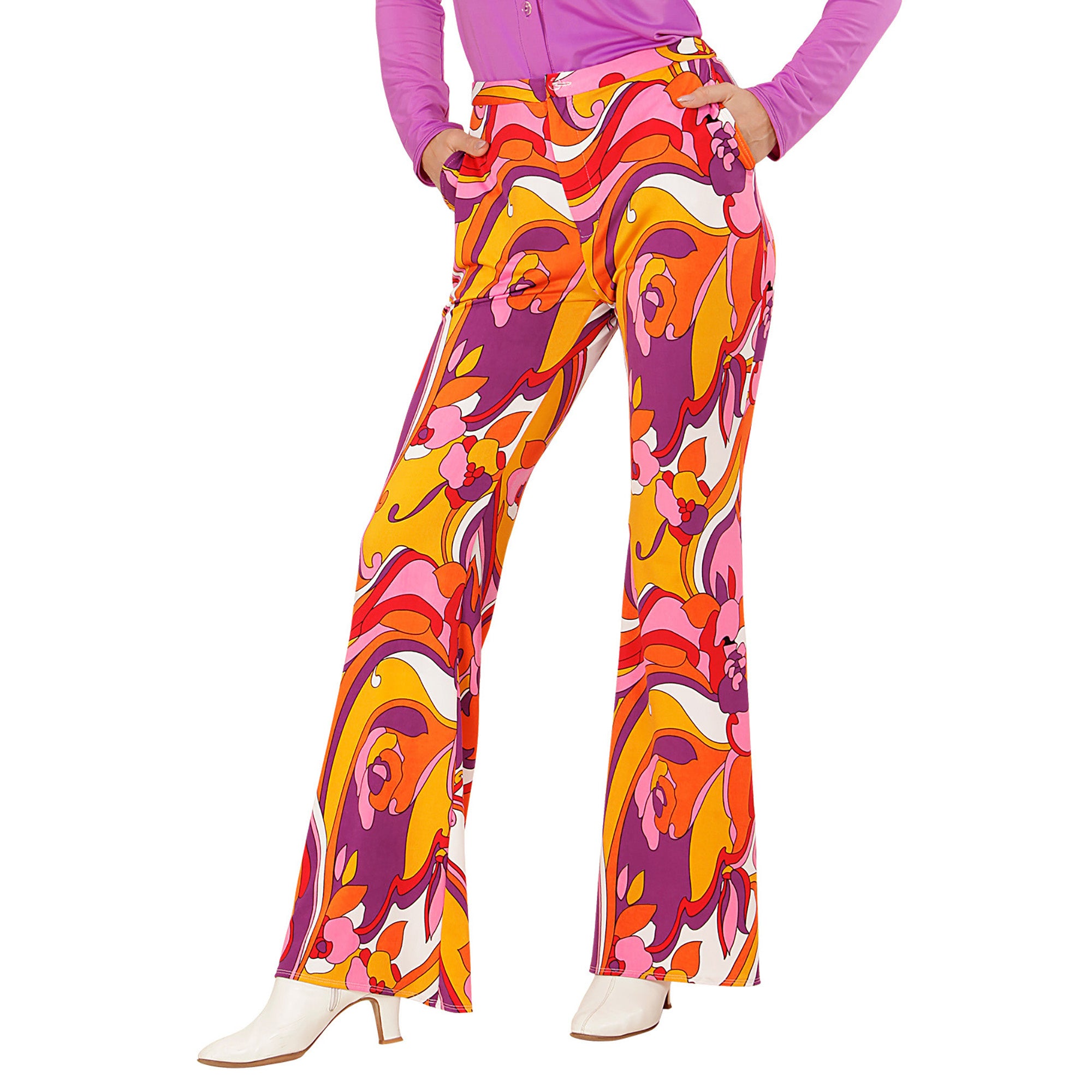 Widmann - Hippie Kostuum - Groovy Gwendolyn 70s Dames Broek, Orchidee Vrouw - Oranje, Roze, Multicolor - Large / XL - Carnavalskleding - Verkleedkleding