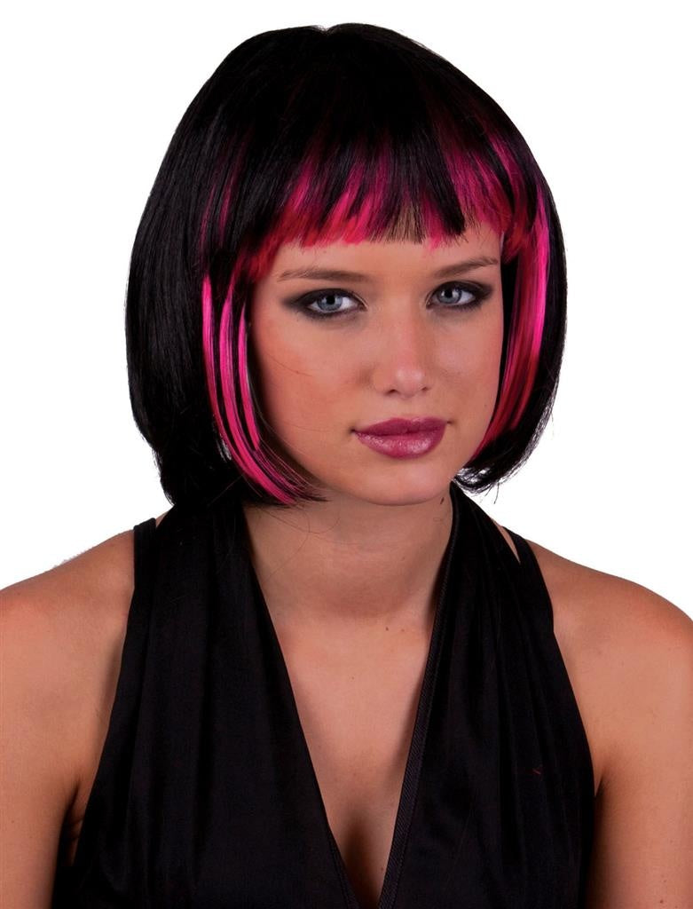 Funny Fashion Heksenpruik kort haar - zwart/roze - dames - Halloween/carnaval