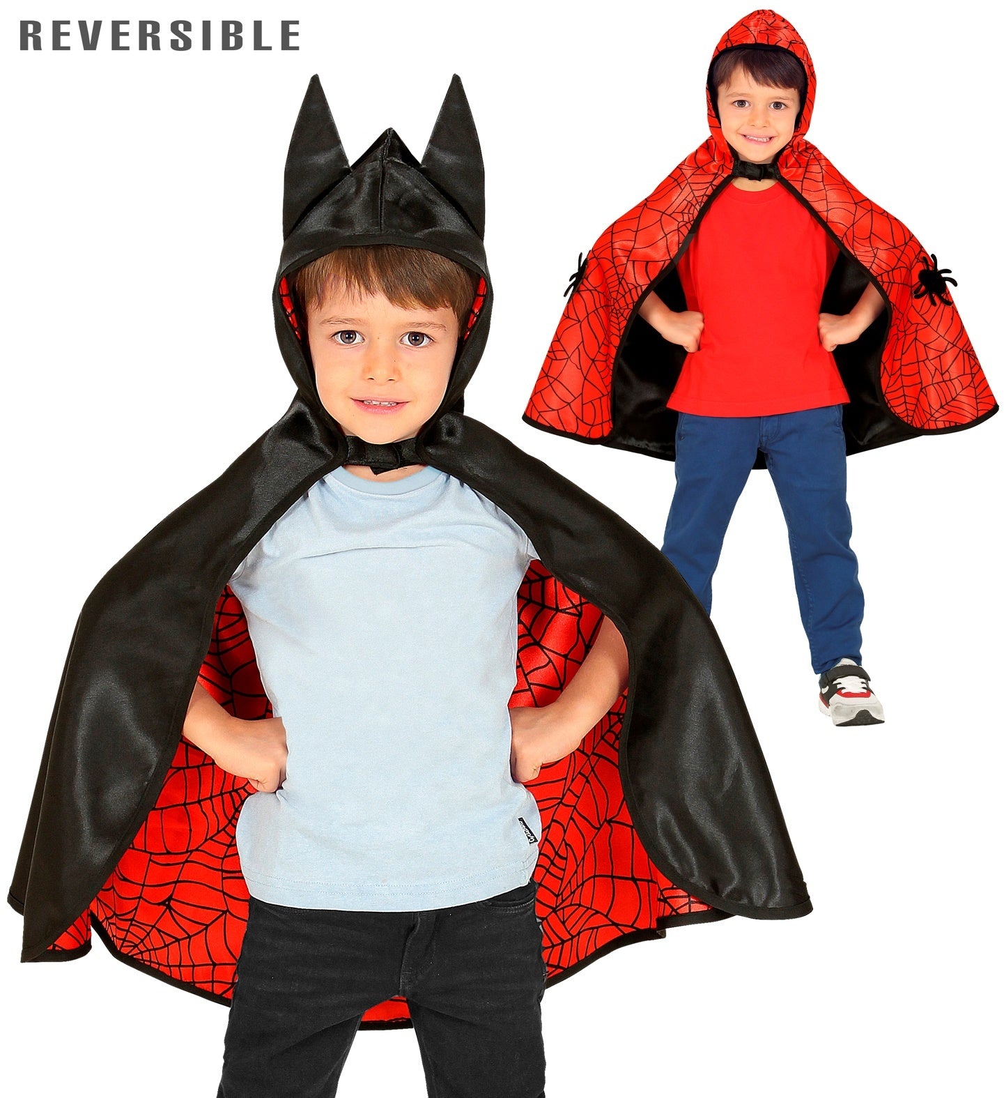 Widmann - Batman & Robin Kostuum - Batman Of Spiderman Omkeerbare Cape Kind - Rood, Zwart - Maat 113 - Halloween - Verkleedkleding
