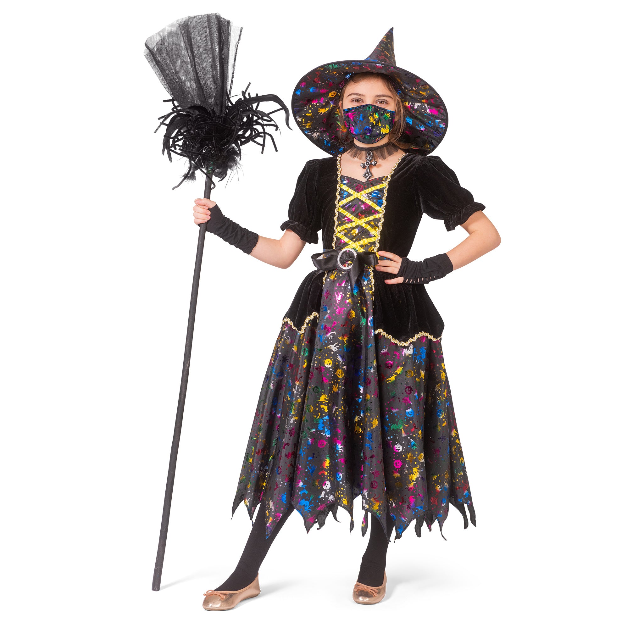 Funny Fashion - Heks & Spider Lady & Voodoo & Duistere Religie Kostuum - Klaar Voor Het Heksenbal Heks - Meisje - zwart - Maat 116 - Halloween - Verkleedkleding