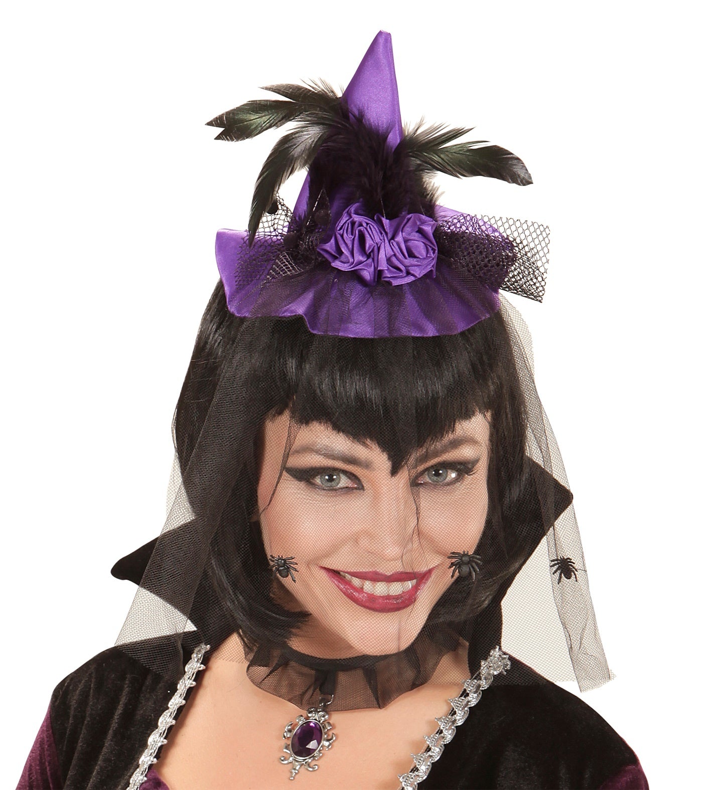Widmann - Heks & Spider Lady & Voodoo & Duistere Religie Kostuum - Paarse Mini Heksenhoed Met Sluier - paars - Halloween - Verkleedkleding