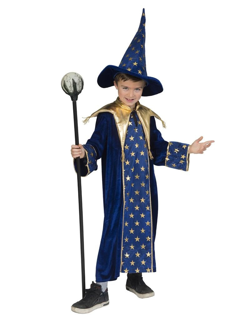Funny Fashion - Tovenaar & Tovenares & Waarzegster Kostuum - Tovenaar Meester Van Het Heelal Kind Kostuum - blauw,goud - Maat 164 - Carnavalskleding - Verkleedkleding