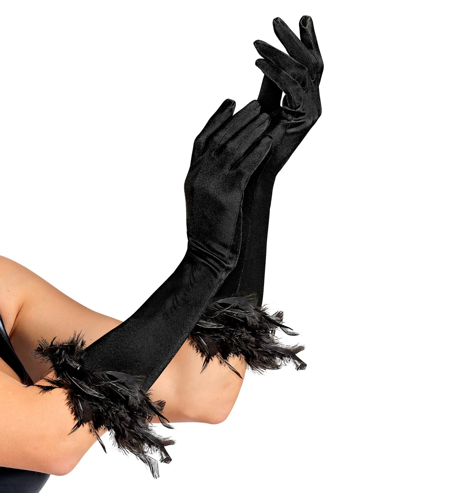 WIDMANN - Lange zwarte handschoenen met veren voor volwassenen - Accessoires > Handschoenen
