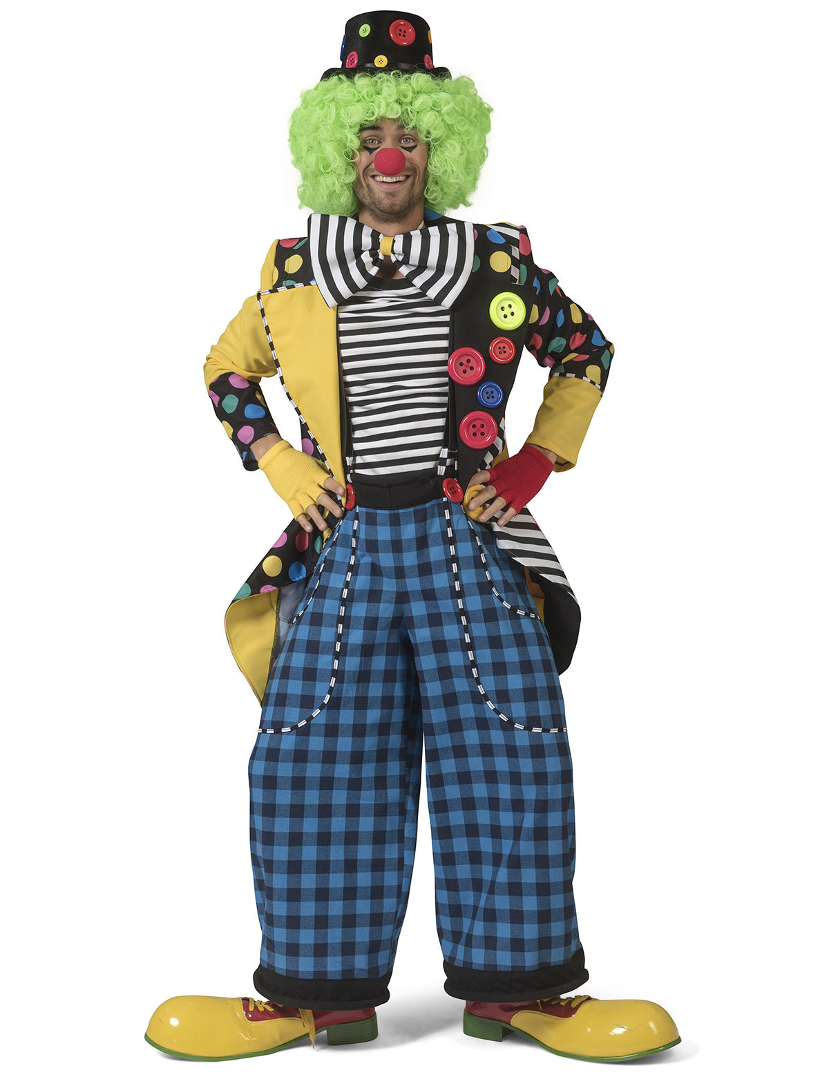 Funny Fashion - Clown & Nar Kostuum - Enorme Knopen Jas Clown August - Man - geel,zwart - Maat 56-58 - Carnavalskleding - Verkleedkleding