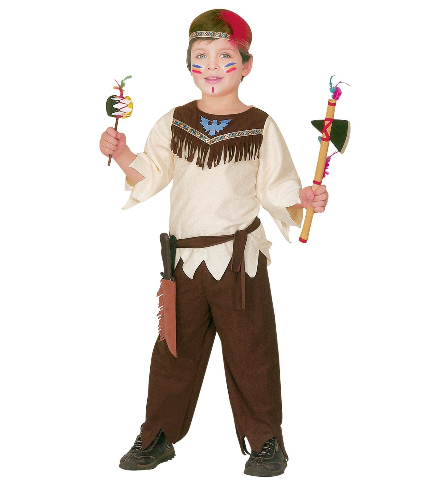 Widmann - Indiaan Kostuum - Misizaagiwininiwag Indiaan Amerika - Jongen - bruin,wit / beige - Maat 110 - Carnavalskleding - Verkleedkleding