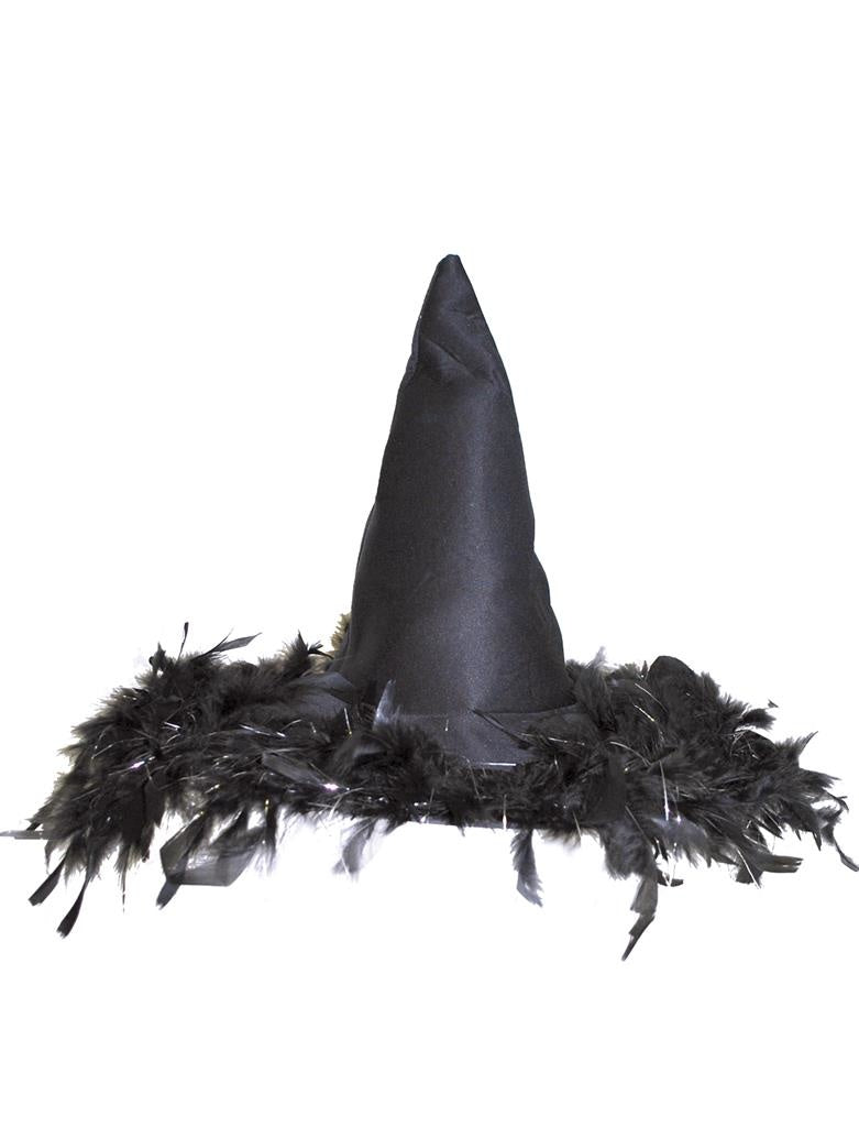 Mooie zwarte heksen hoed met zwarte veren